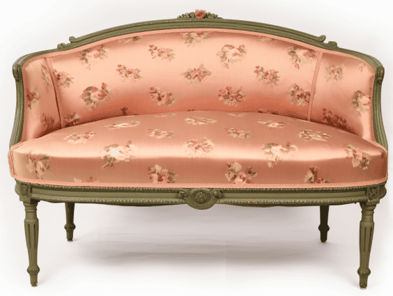 banquette Napoléon III relookée motif floral rose saumon