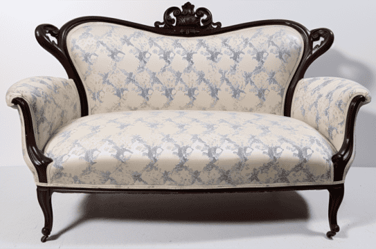 canapé Napoléon III relooké tissu bleu pâle motifs