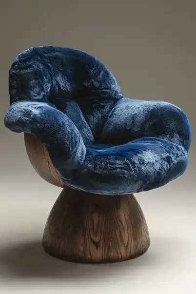 Fauteuil champignon en bois et velours bleu e1720010047329