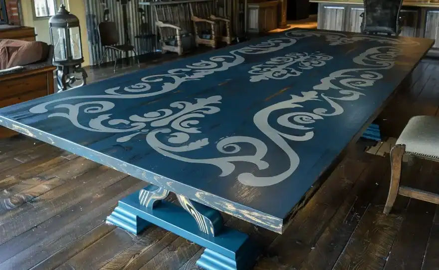 Grande table de ferme bleue avec motif au pochoir gris e1721499444173