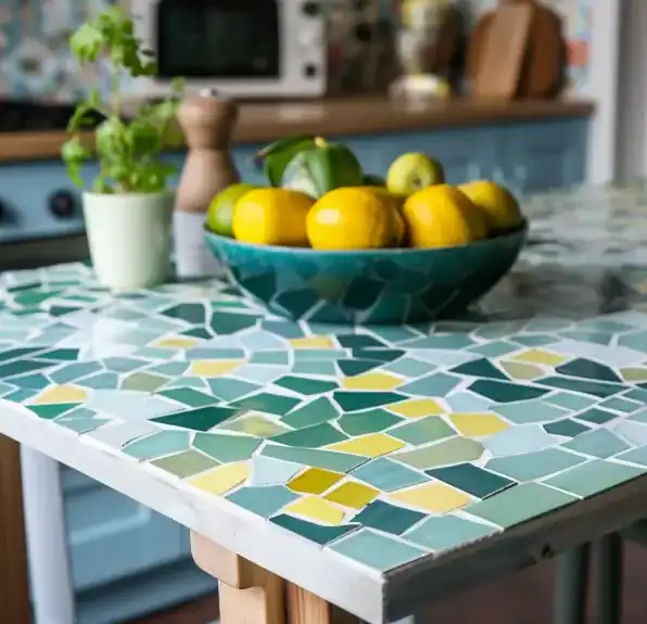 Keukentafel met groenblauwgeel keramiekmozaïek