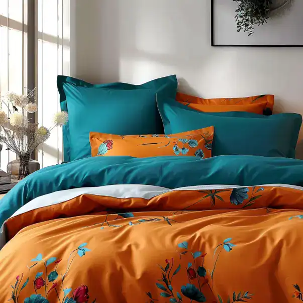 housse de couette et taie doreiller en tencel vert et orange