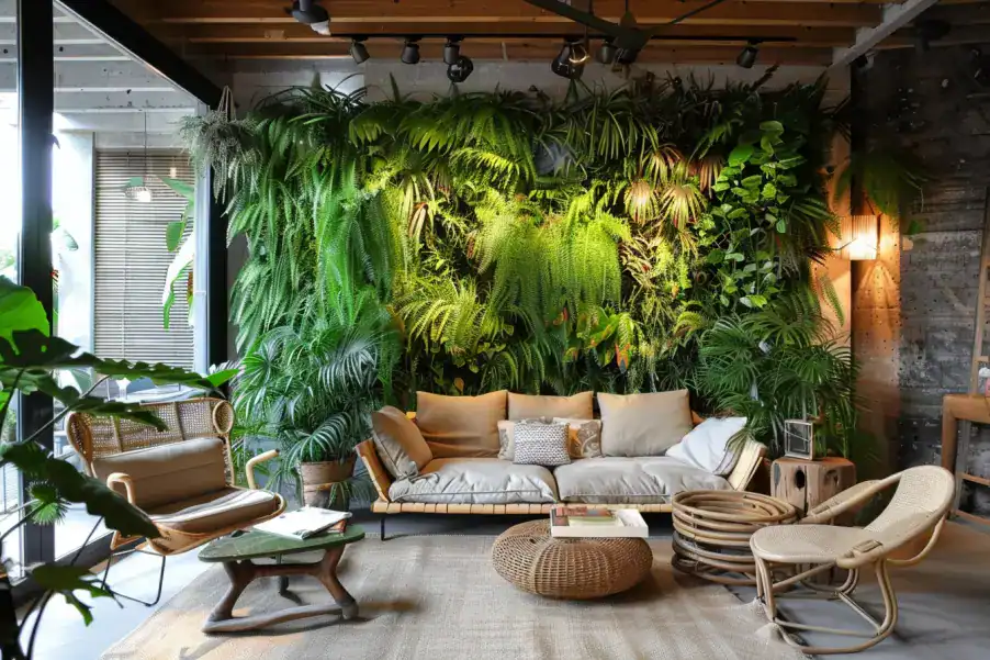Salon avec mur végétal