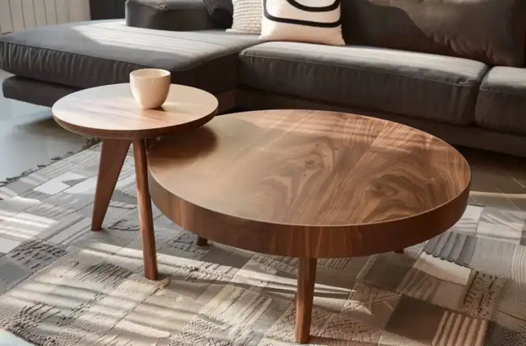 Table basse ronde en noyer dans un salon