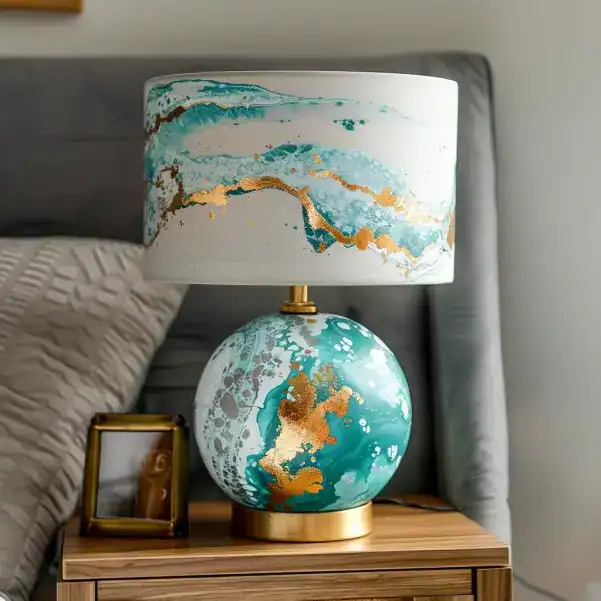 Lampe de chevet relookée en peinture fluide blanc cyan et doré