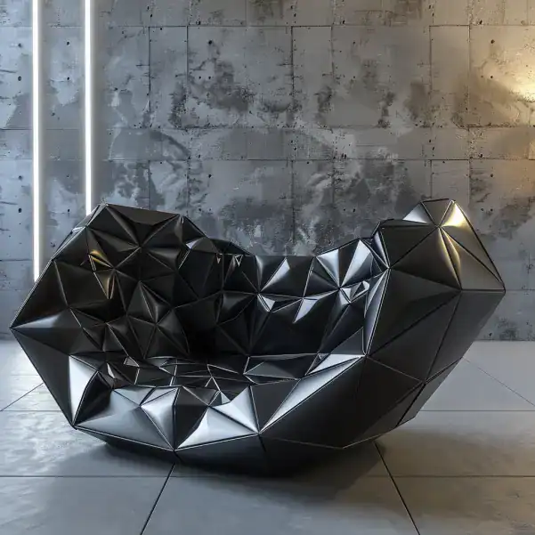 Canapé en cuir noir et polygones 3D