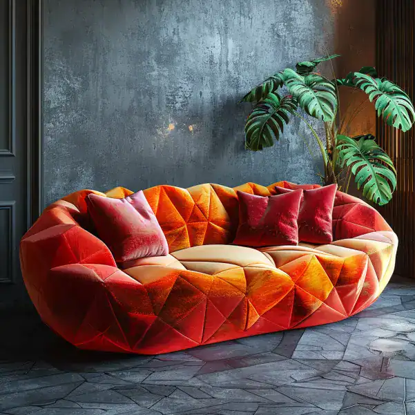Canapé futuriste en polygones 3D et velours corail