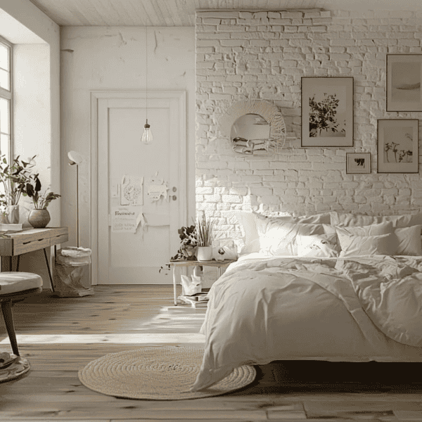 Chambre blanche décorée en style scandinave