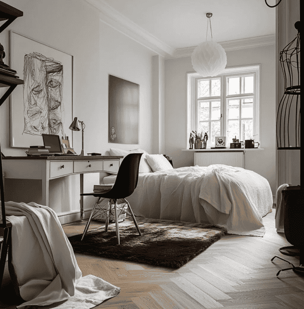 Chambre pour ado en parquet et déco blanche style scandinave