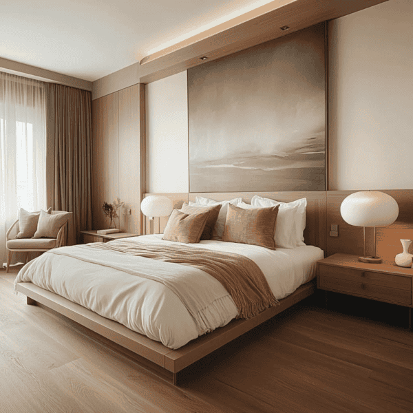 Déco chambre scandinave bois et couleurs chaudes