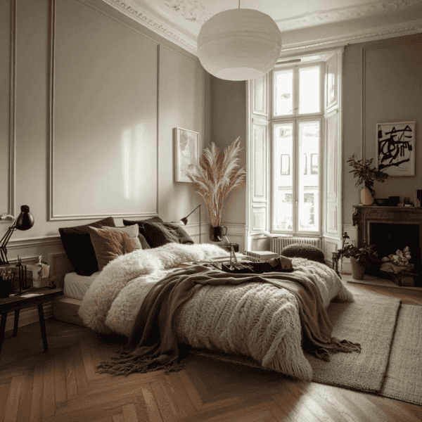 Déco chambre scandinave couleurs beige taupe marron