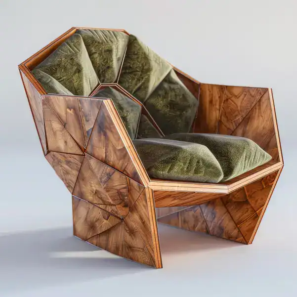 Fauteuil 3D polygonale bois et tissu vert