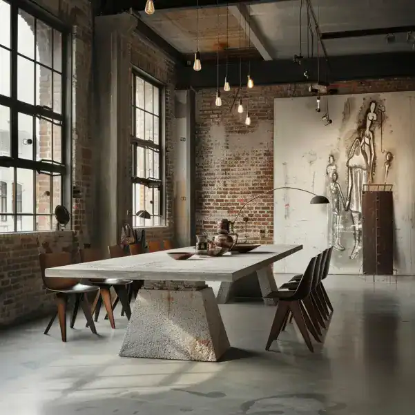 Grande table en béton dans un grand loft de style industriel