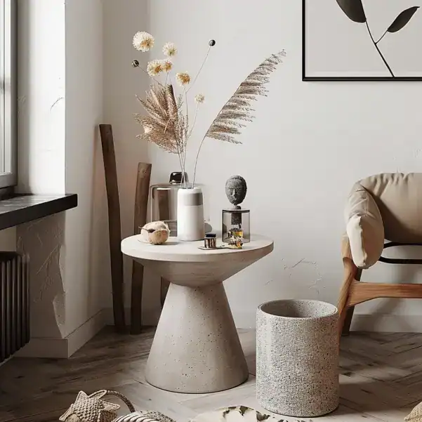 Petite table ronde en béton ciré dans un salon style scandinave