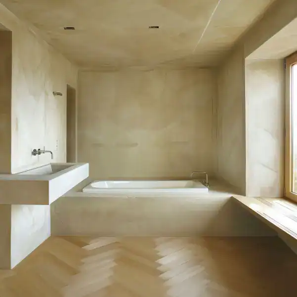 Salle de bain en béton ciré beige avec parquet en bois clair