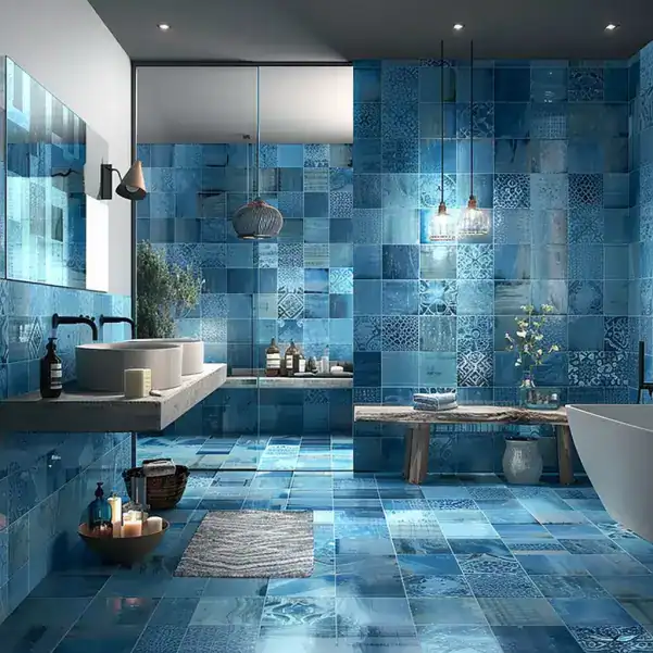 Salle de bain en carrelage céramique bleu