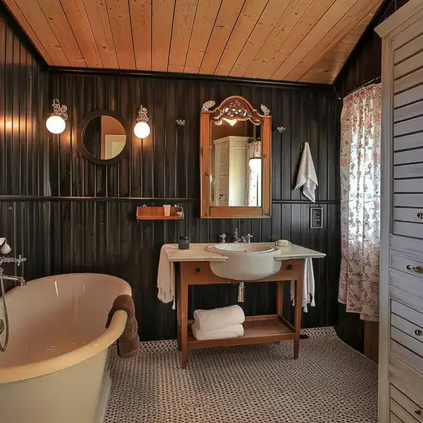Salle de bain glamour avec lambris noir