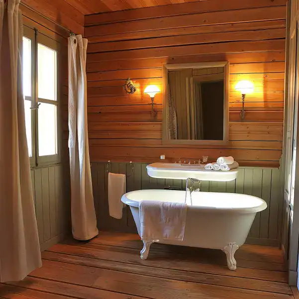 Salle de bain scandinave avec parquet et lambris