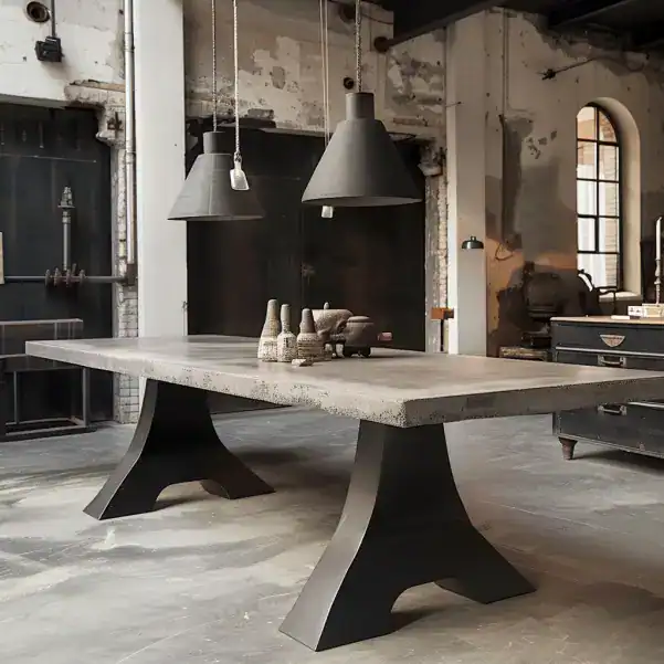 Table de salon en béton ciré beige dans un loft indus chic