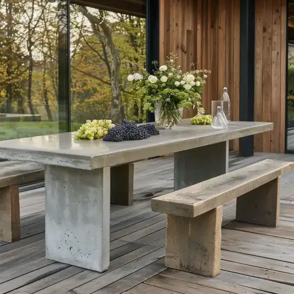 Table et bancs en béton ciré gris sur une terrasse