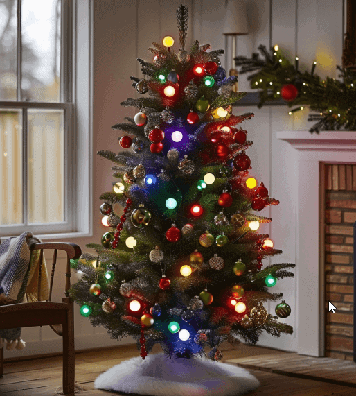 Sapin de Noël décoré avec guirlandes lumineuses colorées et boules