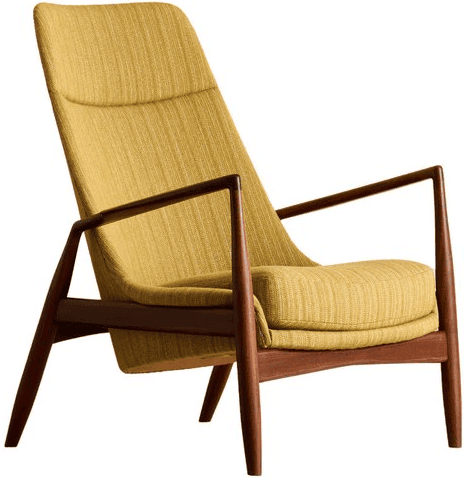 fauteuil Seal teck et tissu jaune moutarde - Ib Kofod-Larsen